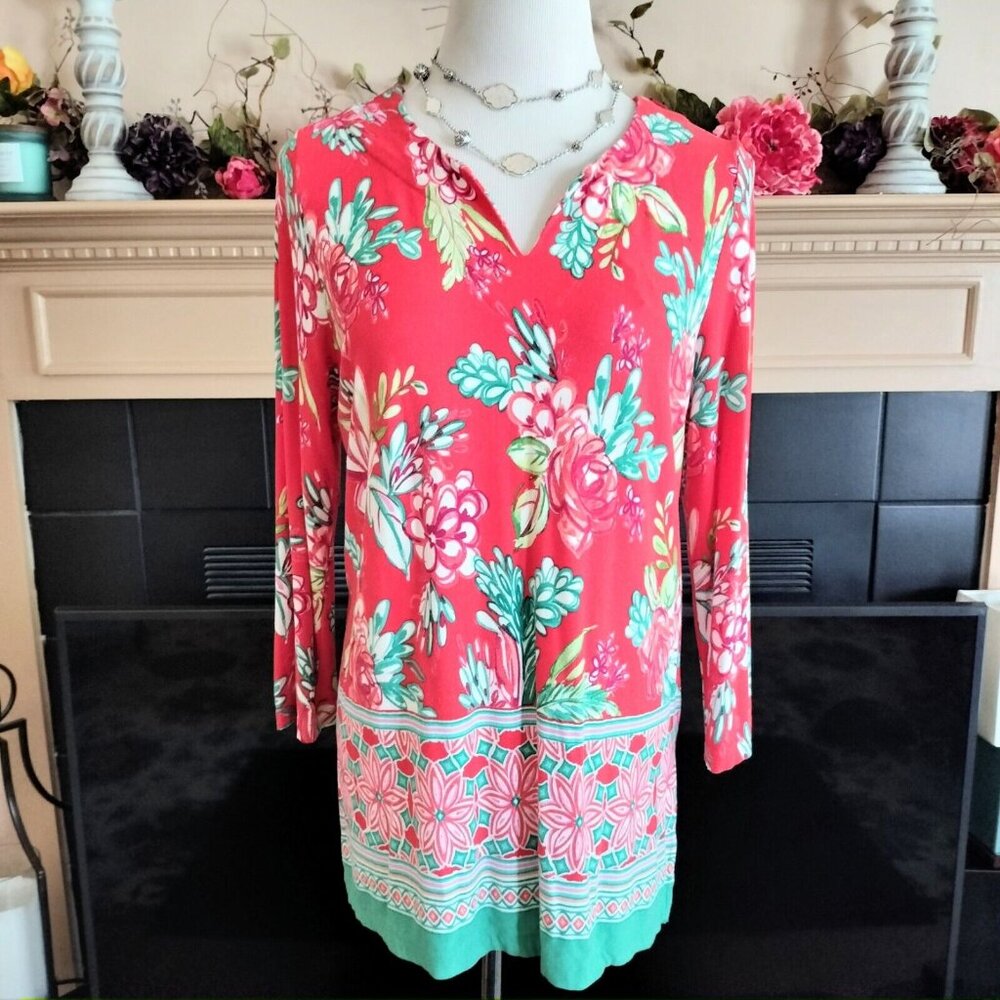 Pappagallo Floral Knit Tunic Top L Coral Multi V-Neck 3/4 Sleeve Border Print